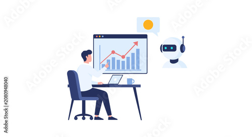 Professional businessman analyzing financial charts with AI bot assistant.