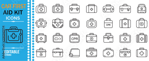 Car First Aid Kit Icons Editable Outline Vector Set Featuring Emergency Medical Kit, Safety Equipment, Vehicle Rescue, Healthcare Supplies, Roadside Assistance and Automotive Line Symbols