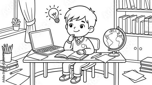 Minimalist line art vector illustration of a cute boy studying at desk with laptop and idea lightbulb icon.