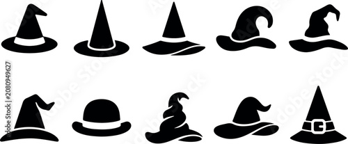 bundle of Witch hats and wizard headwear silhouettes collection. Comprehensive set of different pointed magic hats, top hats, and classic sorcerer caps for Halloween designs.