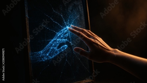 Human hand touching a cracked digital screen revealing a glowing wireframe artificial intelligence hand connection in a dark cinematic environment concept