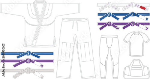 Brazilian Jiu Jitsu Gi Vector Mockup Set with Uniform Kimono, Pants, Spats, Rashguard, Gym Bag, and Ranked Martial Arts Belts ElementsBrazilian Jiu Jitsu Gi Vector Mockup Set with Uniform Kimono, Pant
