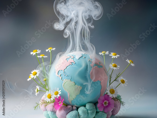 Melting Earth Globe With Rising Smoke and Wildflowers Climate Change Concept