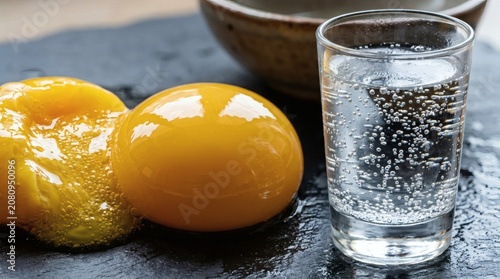 Fresh raw egg yolk beside a clear glass of sparkling water on a textured stone surface for culinary preparation and healthy nutrition concept photography
