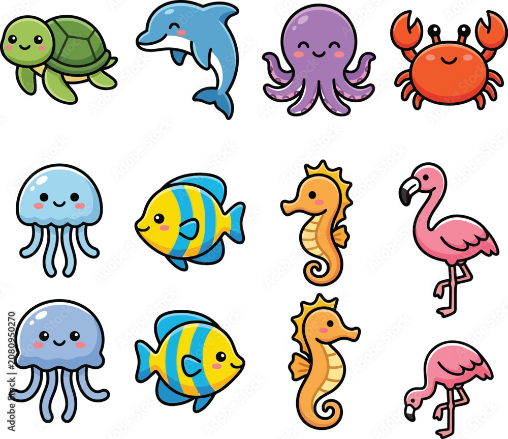 Fototapeta premium Cute cartoon sea animals and birds illustrations on white background