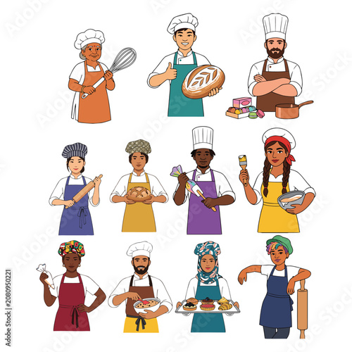 Professional Chefs And Bakers Character Vector Set With Diverse Cooks Holding Bread Pastries Rolling Pins And Kitchen Utensils