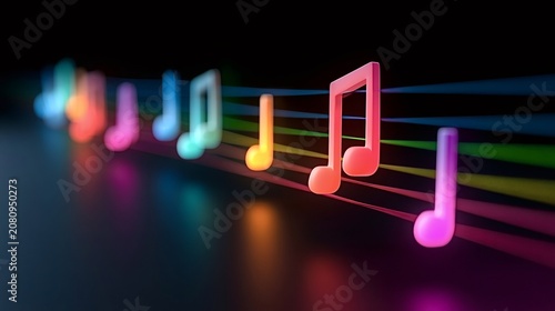 Vibrant volumetric 3d music notes rendered in a spectrum of colors, depicting flowing energy lines representing abstract sound waves on a dark background, illustrating rhythm and melody