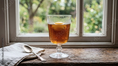 Chilled amber drink in a vintage glass with a single sphere of ice sitting on a rustic wooden windowsill with a silver spoon and napkin in soft light