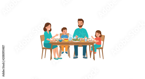 Fotografía Family dining scene a vector illustration with a white background depicting a me