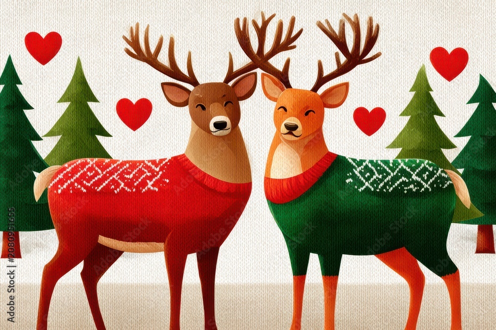 Fototapeta premium Two deer in Christmas sweaters stand together in a snowy, festive forest scene