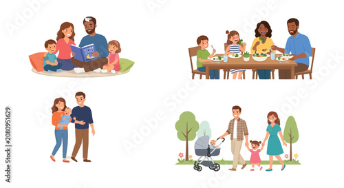 Canvastavla Family scenes vector illustration with diverse people enjoying leisure and mealt