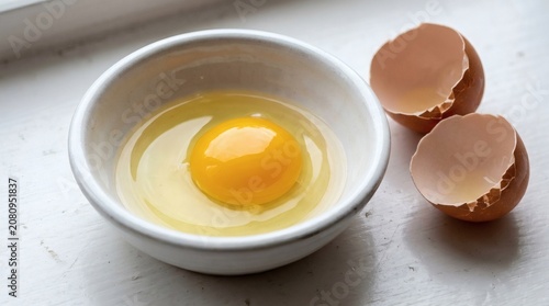 Fresh raw egg yolk in a white ceramic bowl beside cracked brown shells on a rustic tabletop for healthy cooking and baking preparation ingredients concept