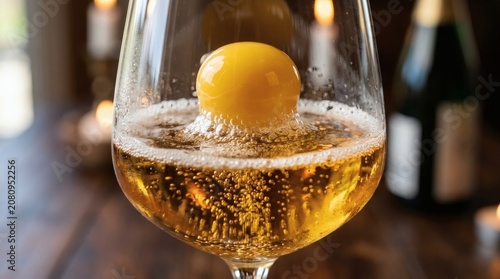 A vibrant raw egg yolk floats inside a crystal glass filled with sparkling golden beer captured in a moody atmosphere with soft candlelight background