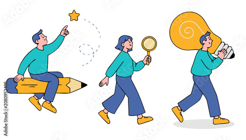 Person riding pencil reaching for star during exploration with magnifying glass and carrying lightbulb idea