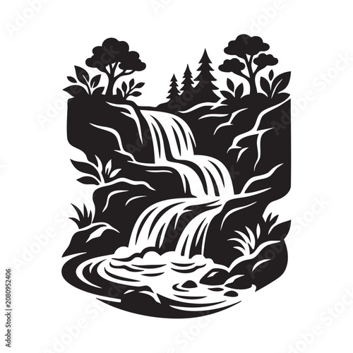 Forest Waterfall Vector Logo | Scenic Nature Landscape Emblem