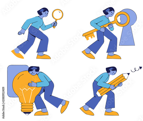 Person with magnifying glass key lightbulb pencil exploring ideas and solutions