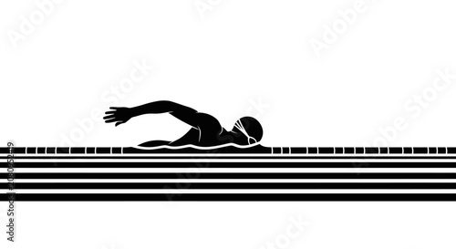 Swimmer In Crawl Stroke Silhouette Against Water Lanes