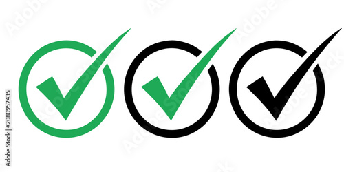 Three checkmarks in circles green and black on white background representing approval and decision making