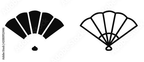 Two Japanese fans shown in black silhouette and outline on a white background