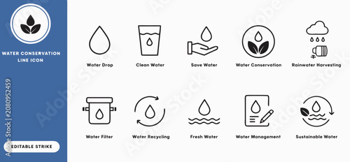 Water conservation line icons showing saving fresh water during management and recycling for sustainability