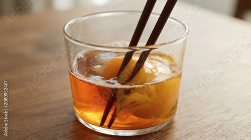 Raw egg yolk soaking in soy sauce inside a glass bowl with wooden chopsticks for traditional japanese marinated egg preparation on a wooden table