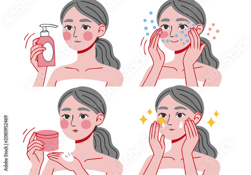 Woman applying skincare routine with lotions and serums for healthy glowing complexion during morning self-care