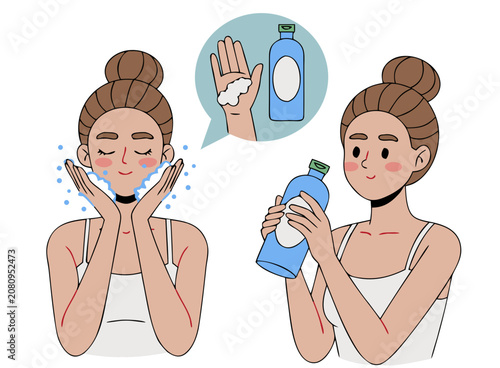 Woman cleansing face with cleanser foam during morning skincare routine in bright studio lighting