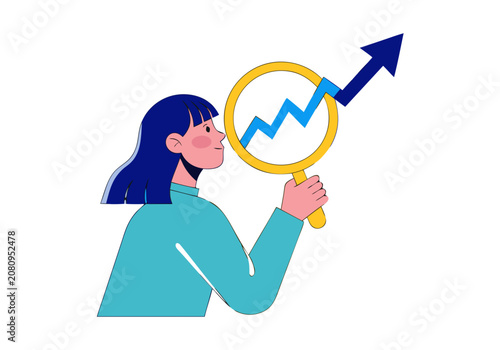 Woman examining upward trending graph through magnifying glass with blue arrow indicating growth and success