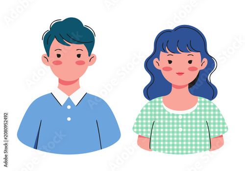 Young Couple Avatar Icons with Blue and Green Outfits on White Background