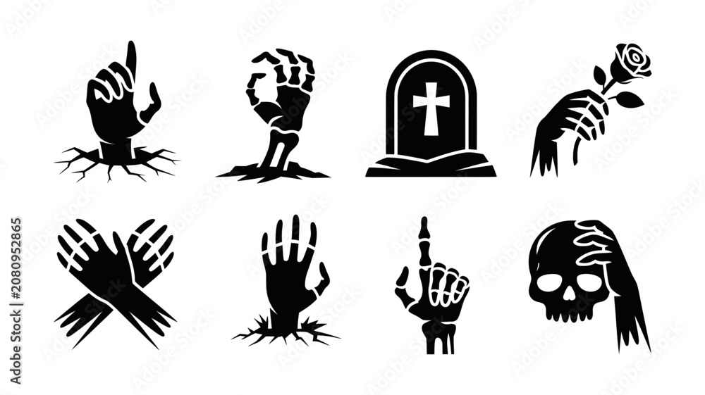 Fototapeta premium Halloween Skeleton Hand Silhouette Set Vector Illustration