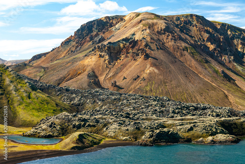Foto Frostastaðavatn lake in Landmannalaugar Iceland surrounded by colorful rhyolite
