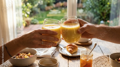 Couple clinking glasses of golden turmeric latte during a sunny morning breakfast at home with fresh pastries and granola on a rustic wooden table