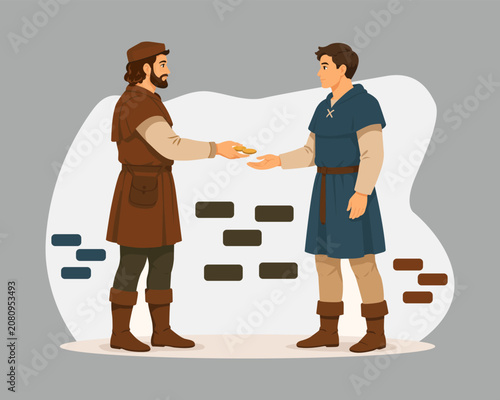 Medieval Merchant Giving Gold Coins to a Young Man – Flat Vector Illustration