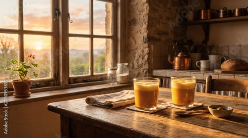 Two glasses of warm golden turmeric milk served on a rustic wooden table in a cozy country kitchen during a serene and glowing golden hour sunset view