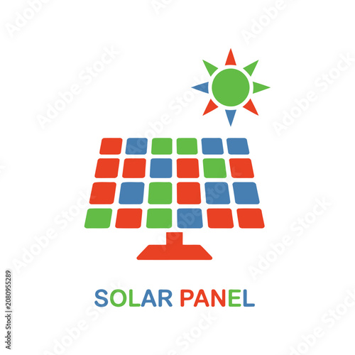 Solar panel with sun symbol in red, blue, and green on a white background