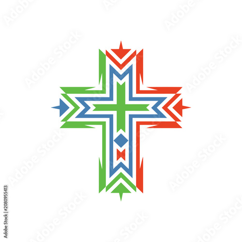 Symmetrical geometric christian cross with angular linear details in red, green, and blue colors