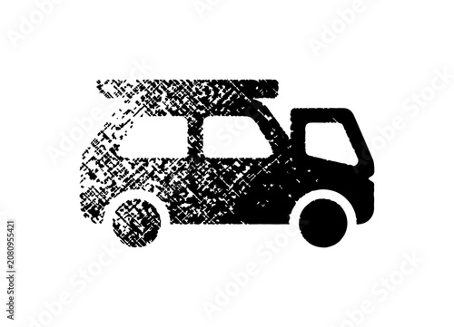 Black van icon, grunge texture, vehicle silhouette, monochrome illustration