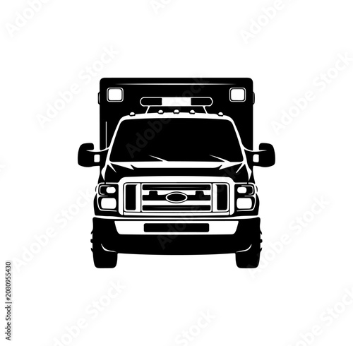 Black ambulance truck, emergency vehicle icon, front view silhouette, white background, vector graphic