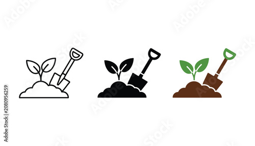 Fotografie Garden shovel digging in soil with young green plant sprout icon set in outline
