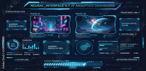 Futuristic UI interface elements. Sci-Fi frames and callouts titles. Digital technology bar, banner, panels, divider, box, high tech lines. Game graphic dashboards. Vector set