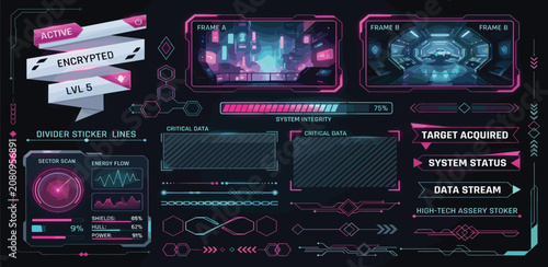 Futuristic UI interface elements. Sci-Fi frames and callouts titles. Digital technology bar, banner, panels, divider, box, high tech lines. Game graphic dashboards. Vector set