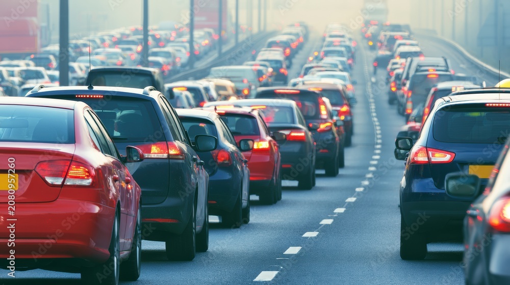 Fototapeta premium Heavy Traffic Jam with Red Brake Lights on Busy Multilane Highway in Hazy Conditions