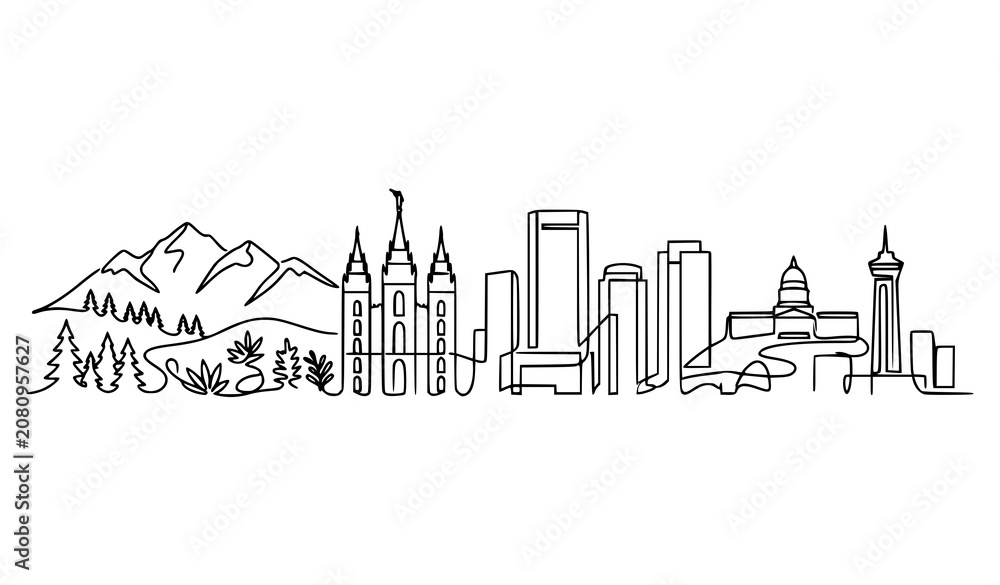 Obraz premium Salt Lake City Skyline One Continuous Line Drawing Vector Illustration Utah Landmark