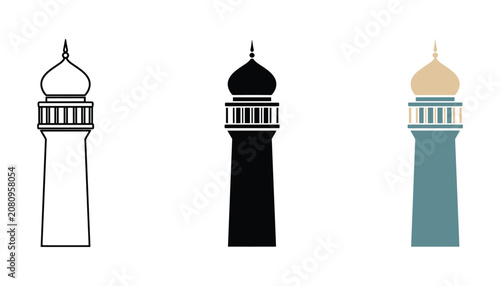 Tableau sur toile Classic domed minaret tower icon set featuring intricate architecture in outline