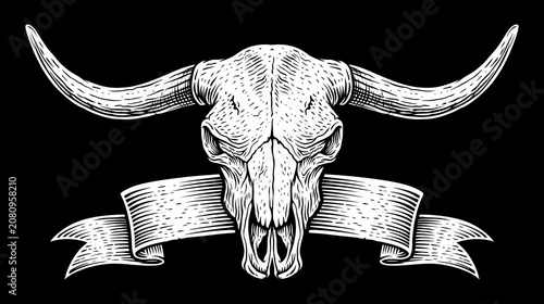 Vintage Texas Longhorn Skull and Blank Ribbon Banner Vector Style, created with Generative AI Technology, ai, generative