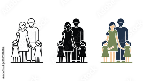 Slika na platnu Military family portrait icon set featuring a soldier with spouse and children i