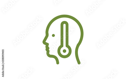 Headache or fever line icon. human head silhouette with a thermometer in brain. migraine and high temperature.