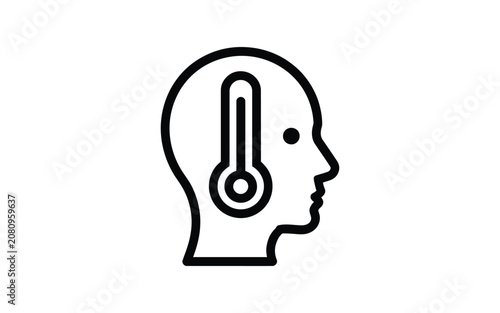 Headache or fever line icon illustration. human head silhouette with a thermometer in brain. migraine and high temperature.