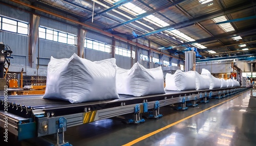 automated warehouse system showing large white bags lying on roller conveyor belt in industrial plant for efficient material handling and packaging processing in modern factory hall