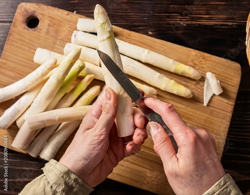 peeling white asparagus to remove the outer layer of cellulose preparing it for cooking